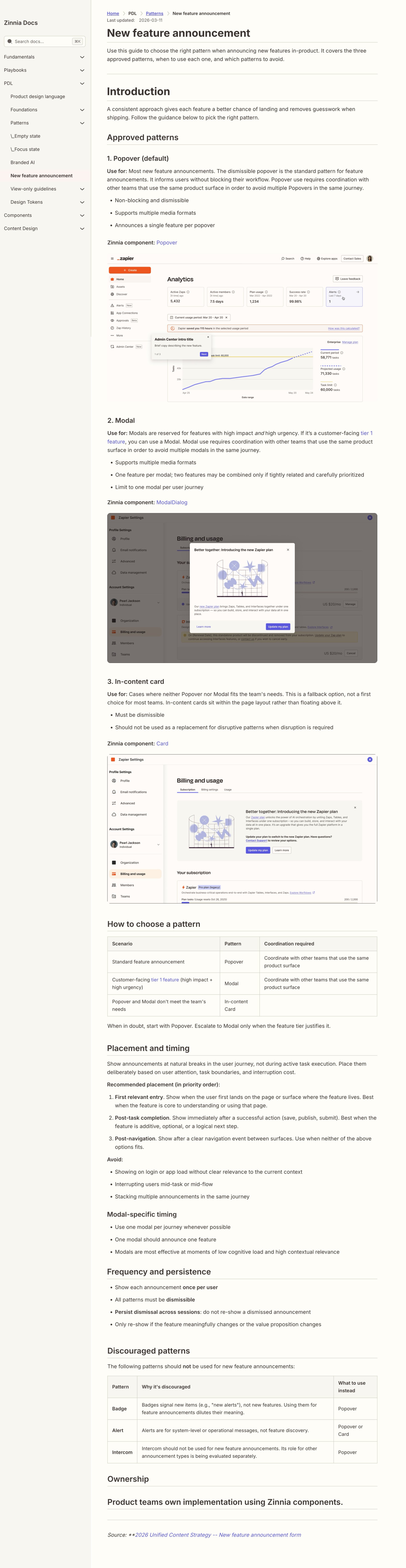 New feature announcement pattern documentation: approved patterns, how to choose, placement guidance, discouraged patterns, and ownership