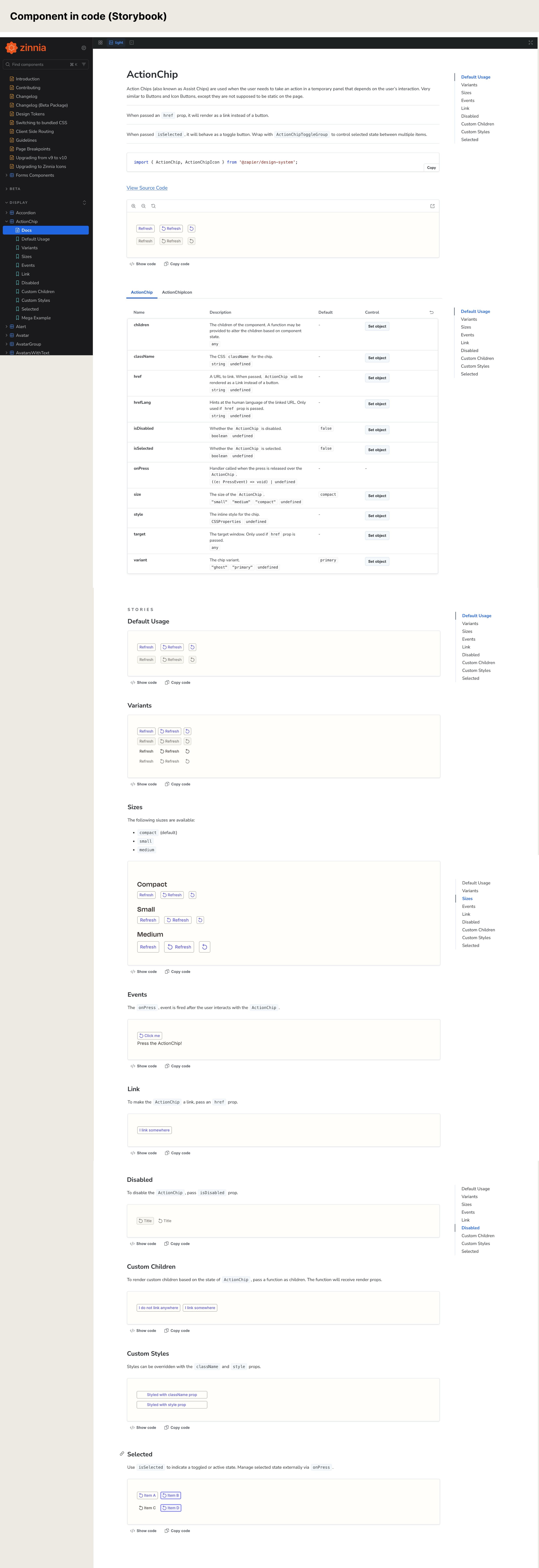 Action Chip in Storybook: live component, props table, and all usage stories including variants, sizes, events, and custom children