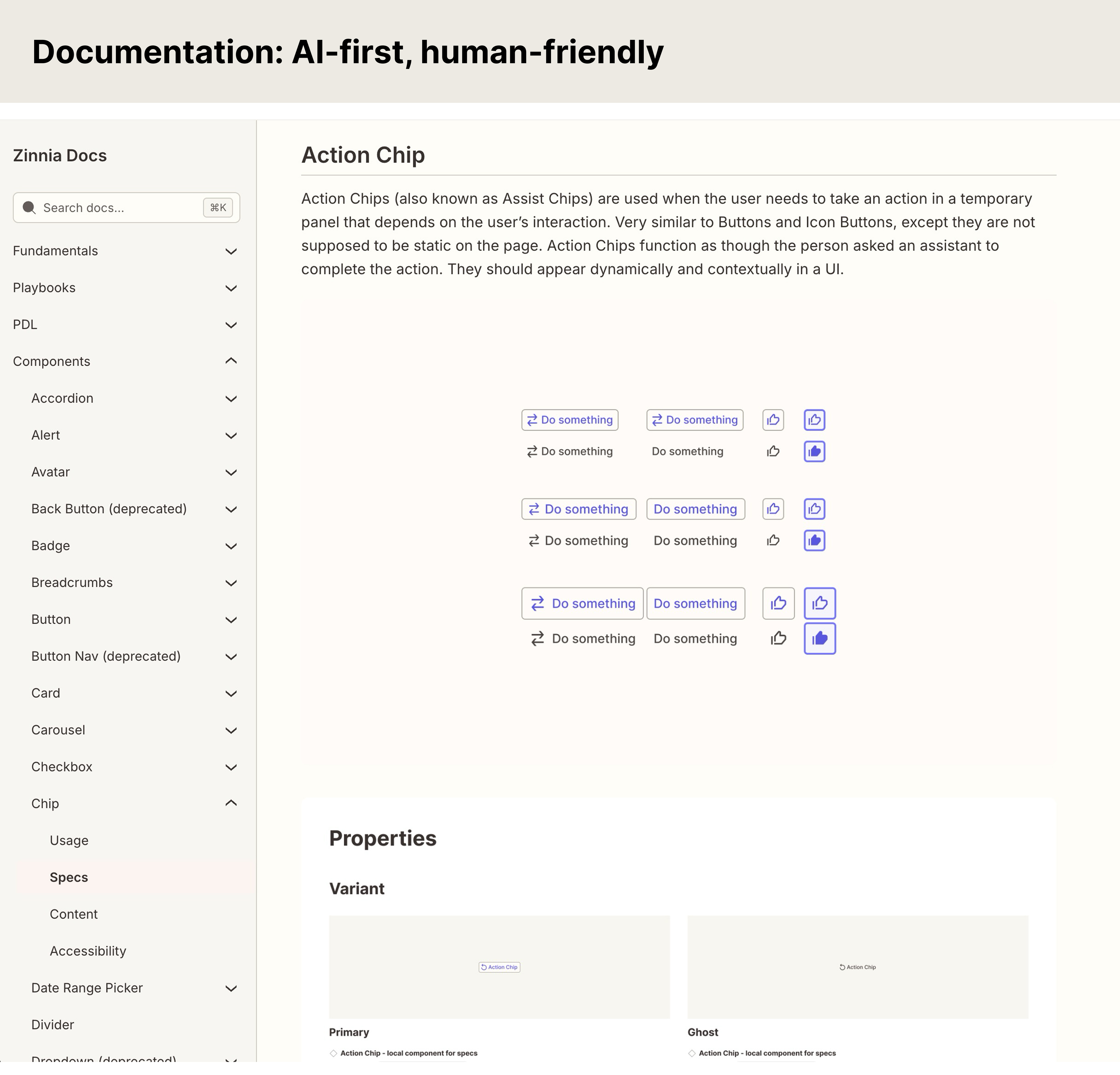 Action Chip documentation: AI-first, human-friendly -- component overview, properties table, and usage stories