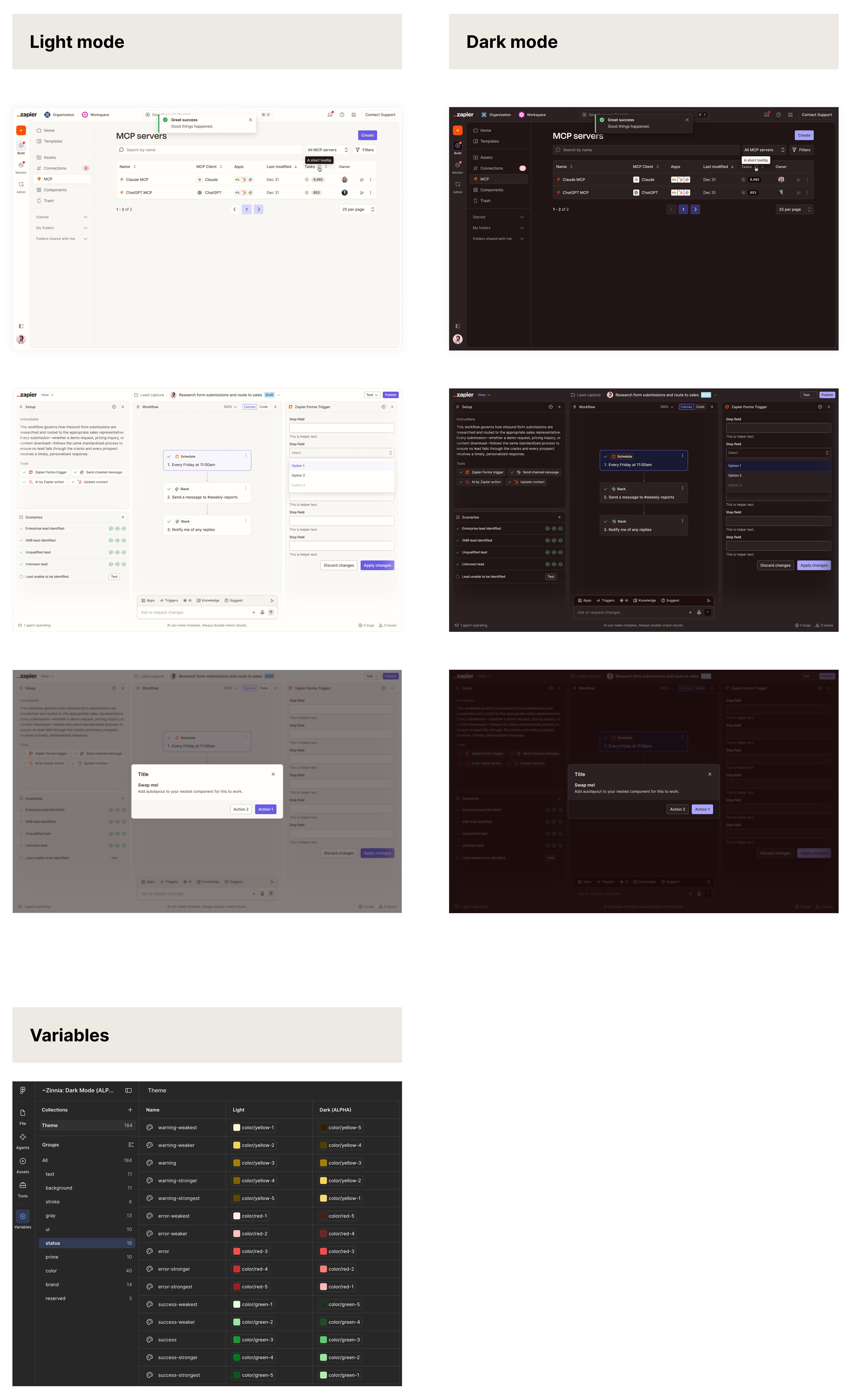 Light and dark mode side by side across listing, builder, and modal surfaces, with Figma variables panel showing token-to-primitive resolution