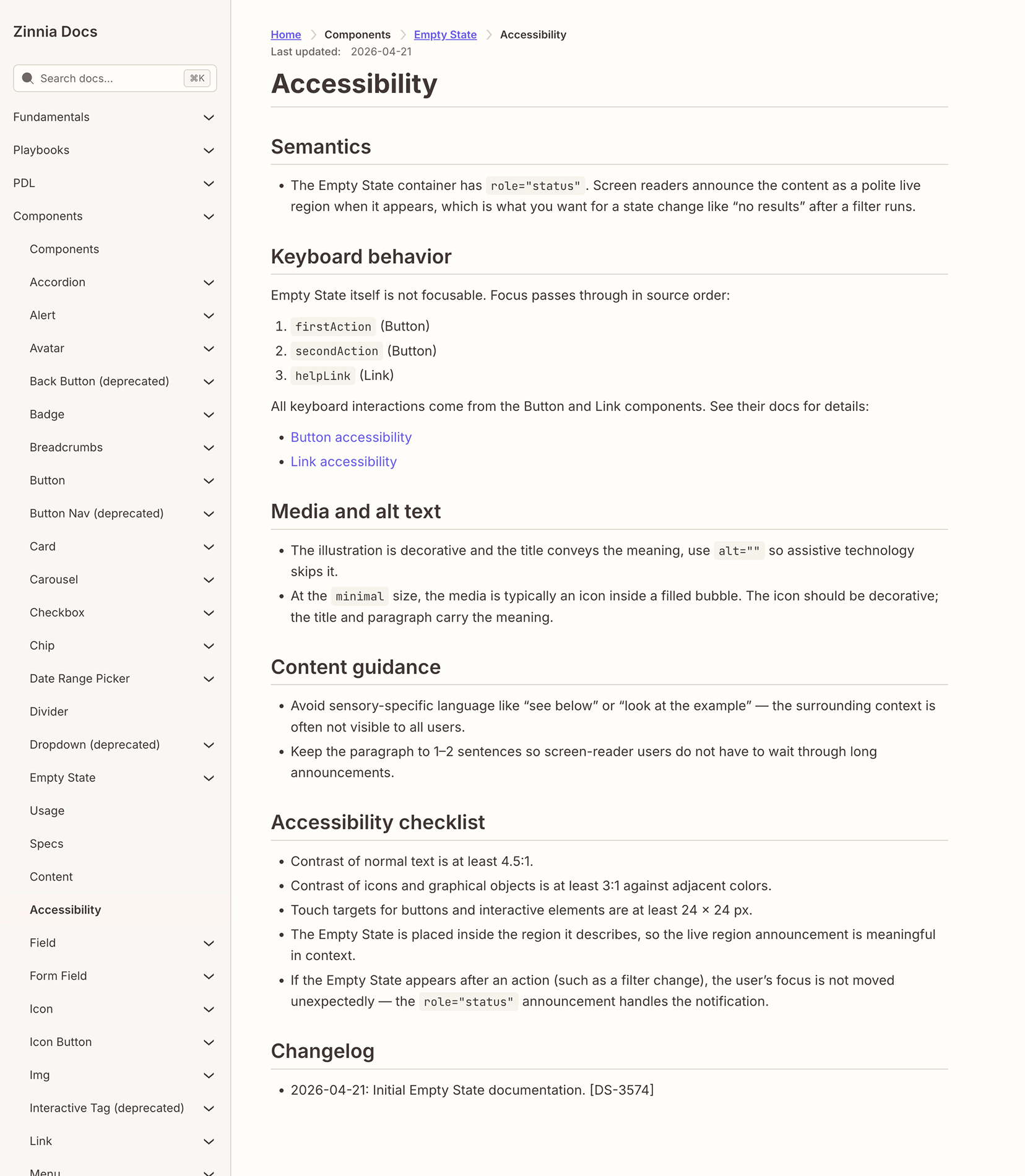 Empty State component Accessibility page: semantics, keyboard behavior, media guidance, and accessibility checklist