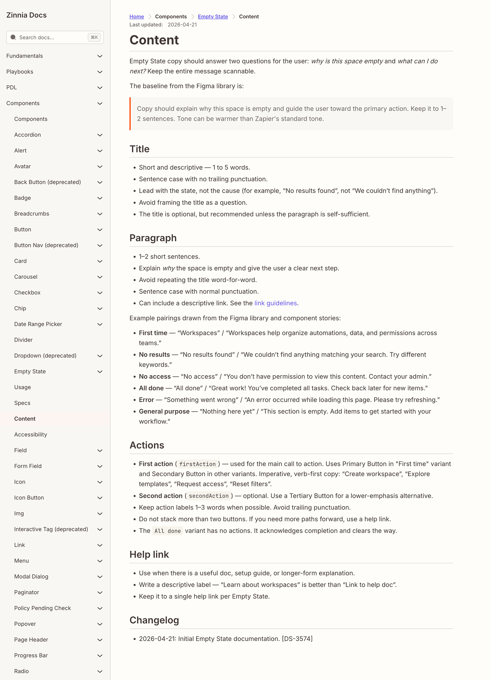 Empty State component Content page: copy guidance for title, paragraph, actions, and help link