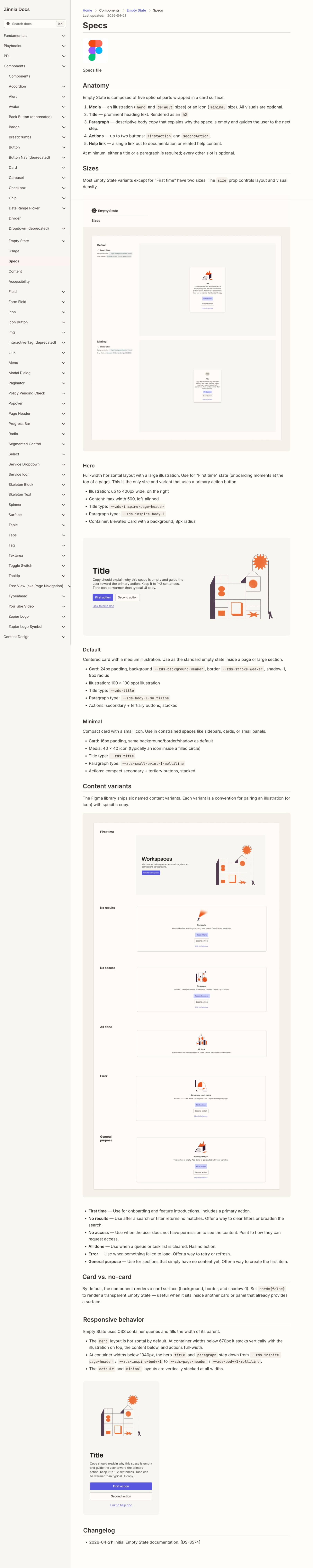 Empty State component Specs page: anatomy, sizes, content variants with live examples