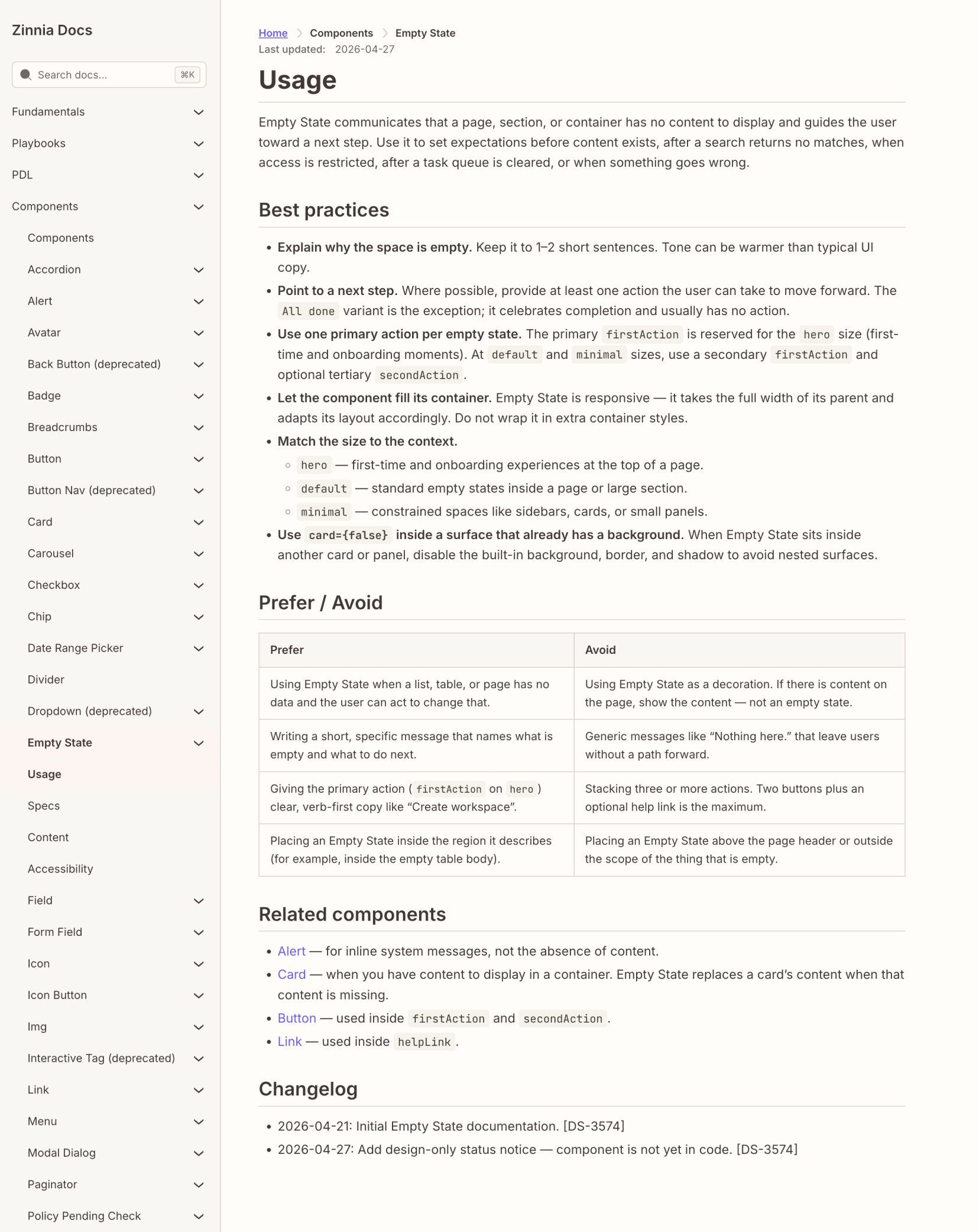 Empty State component Usage page: best practices, prefer/avoid table, related components